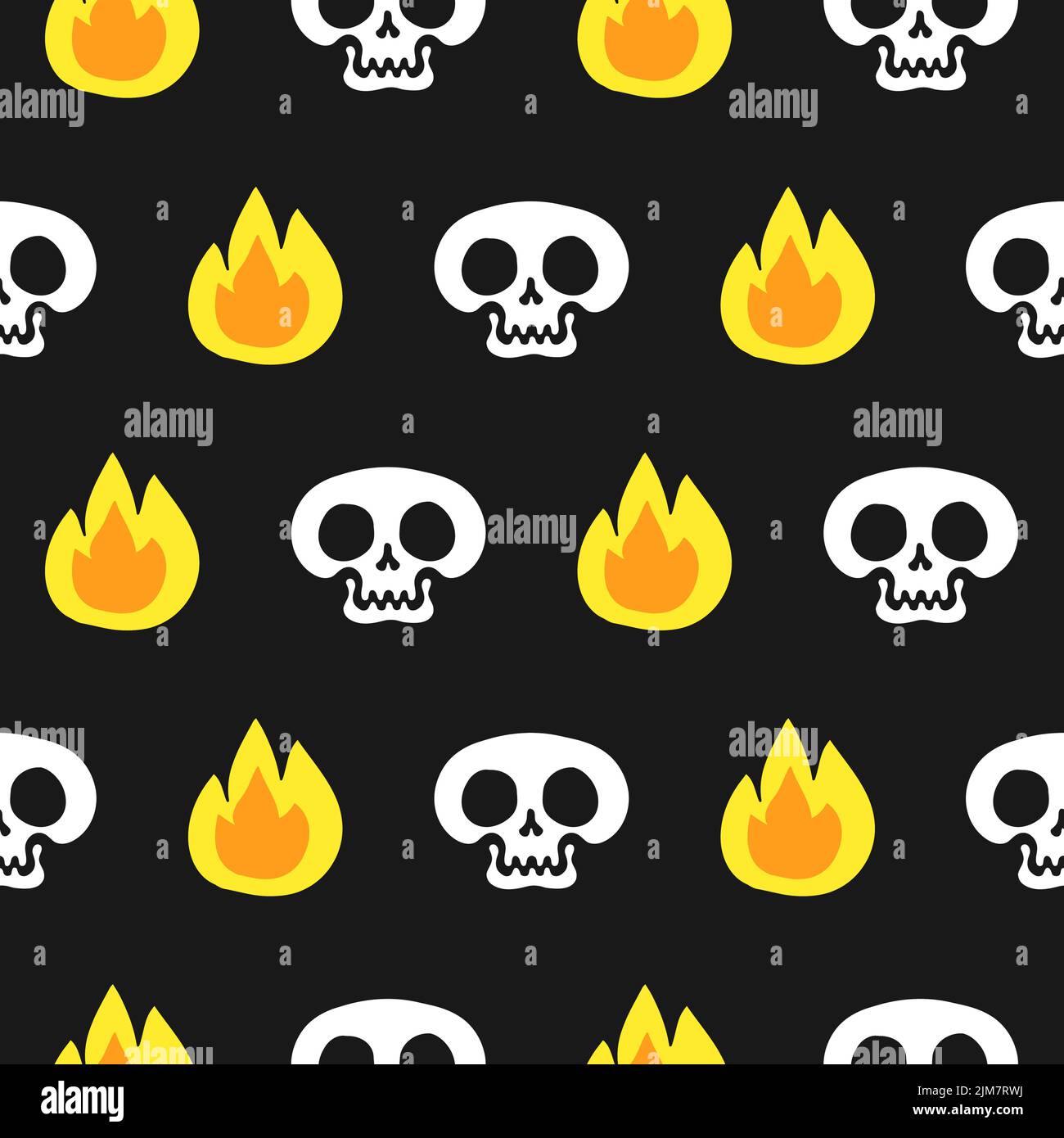 Skull and flame seamless pattern,wallpaper.Vector hand drawn cartoon character illustration.Skull,fire,flame seamless pattern wallpaper print Stock Vector