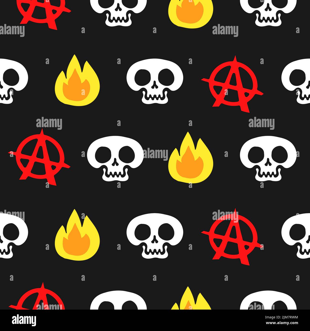 Skull,anarchy sign and flame seamless pattern,wallpaper.Vector hand drawn cartoon character illustration.Skull,fire,flame,anarchy,punk seamless pattern wallpaper print Stock Vector