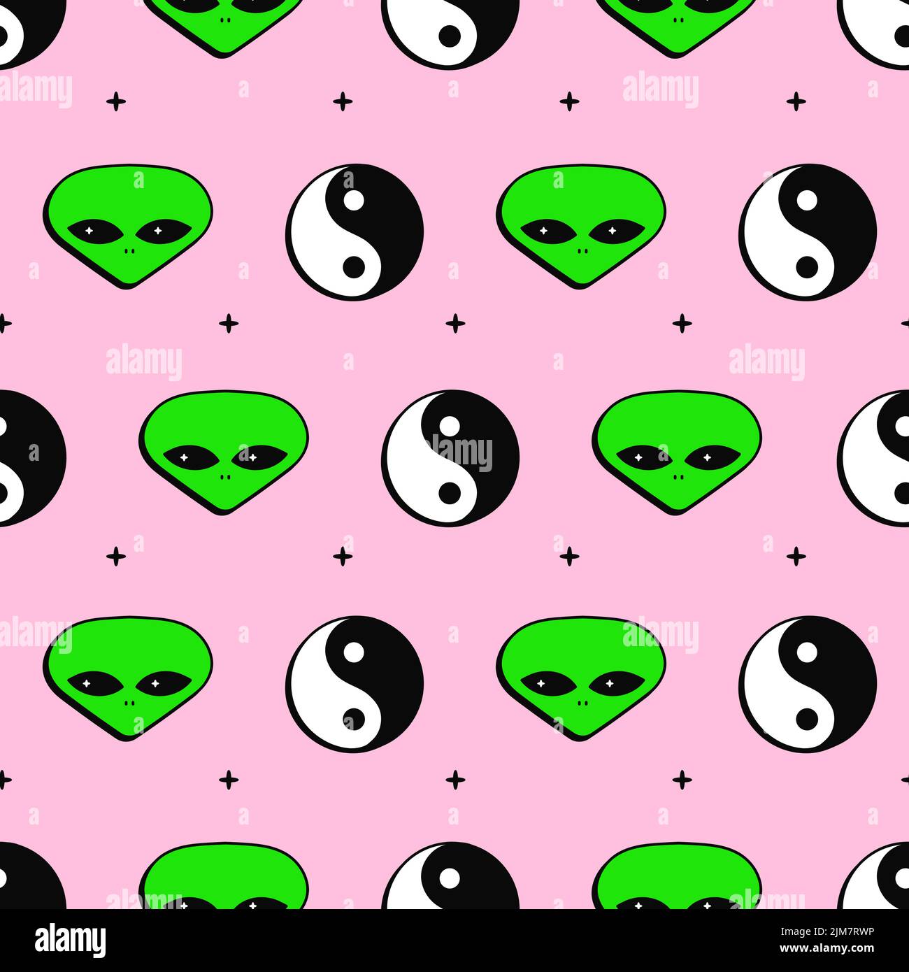 Yin Yang and alien face seamless pattern.Vector cartoon character illustration icon design.Yin Yang,alien face,ufo seamless pattern wallpaper concept Stock Vector