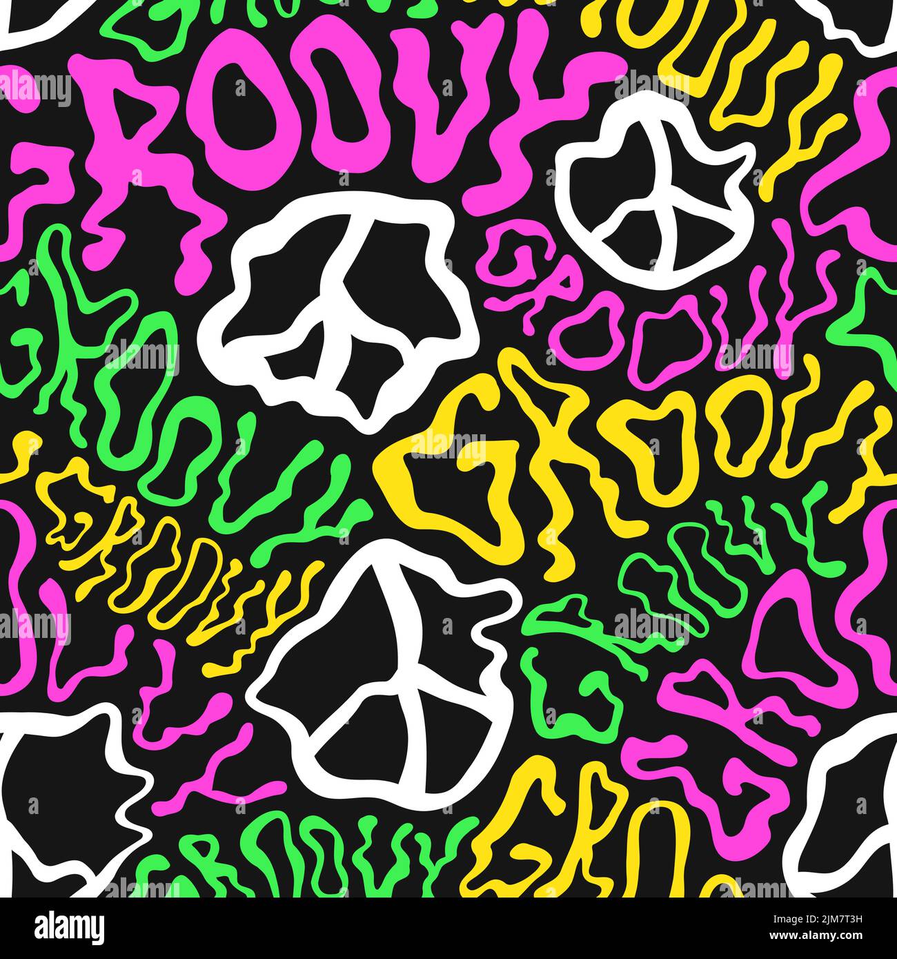 Deformed wavy groovy word and peace sign seamless pattern wallpaper.Vector graphic character illustration.Groovy,trippy lettering,lsd,acid,60s,70s,psychedelic seamless pattern wallpaper print concept Stock Vector