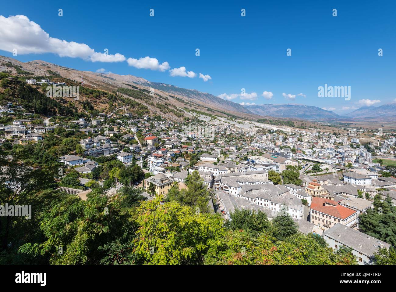 Cityscape of the Old Town of Gjirokaster located on the hills, Albania Stock Photo