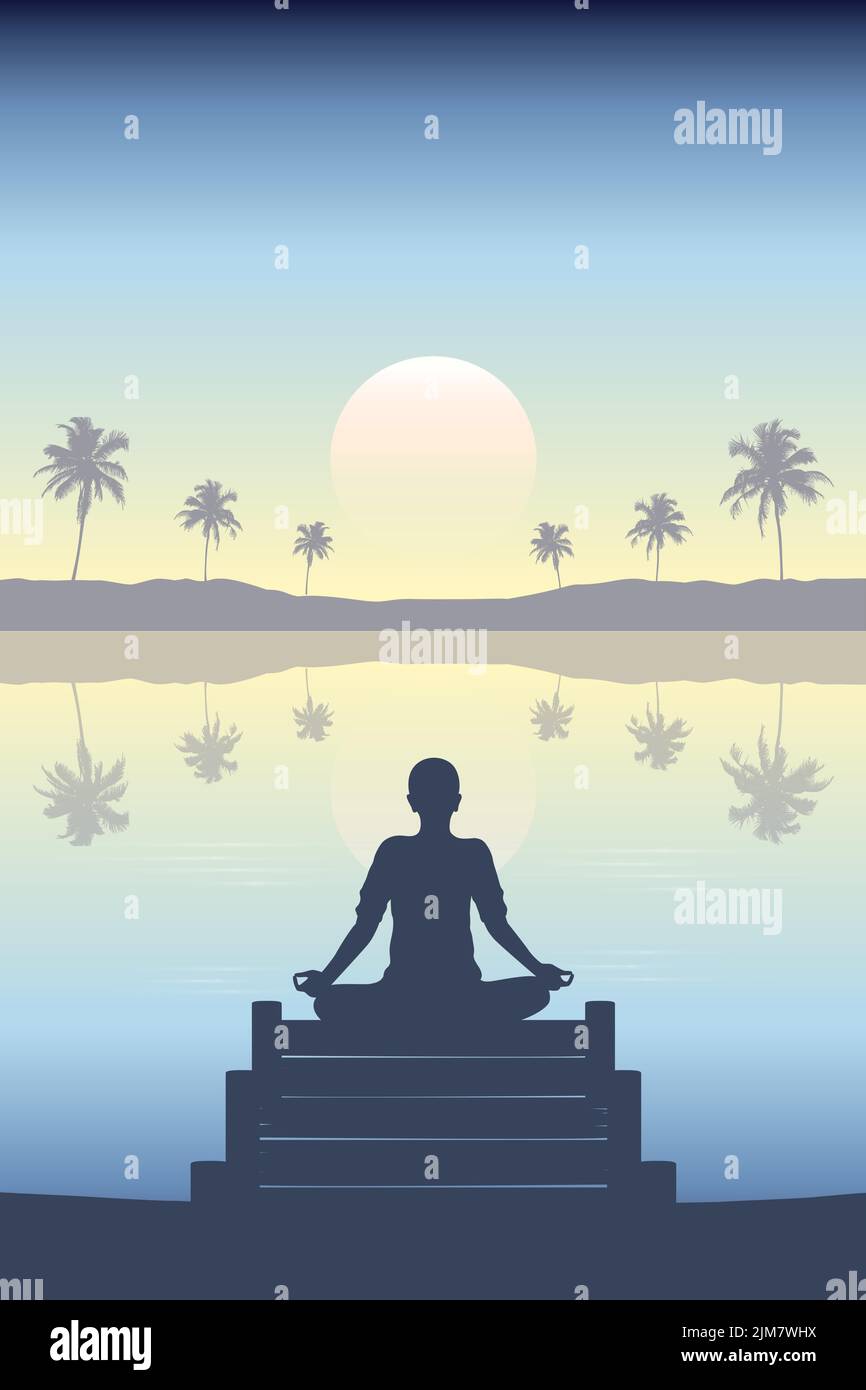 mediating person silhouette on a bridge by lake tropical palm landscape Stock Vector