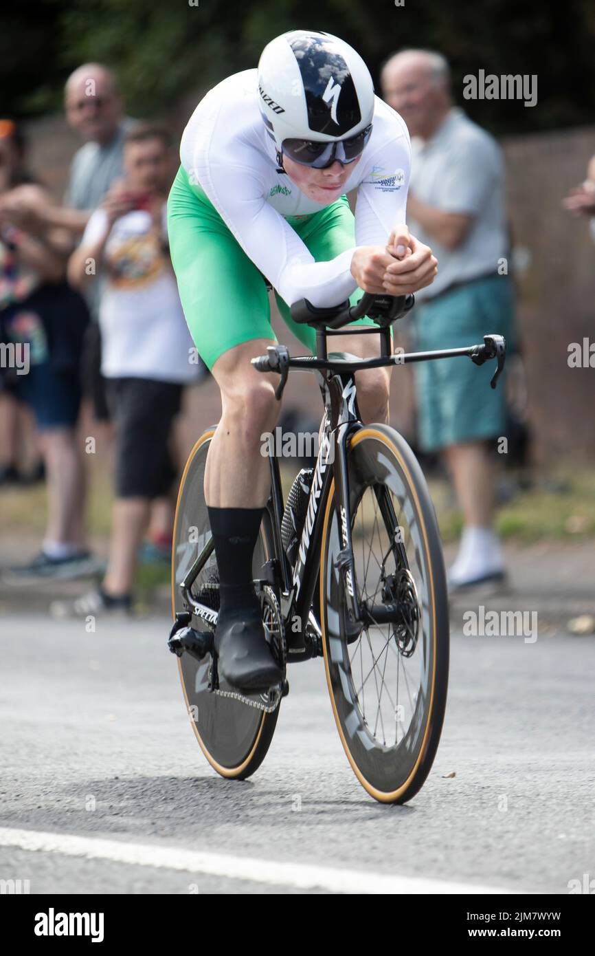 Commonwealth Games 2022, Birmingham UK. 4th August 2022. Men's Cycling Time Trial.. Credit: Anthony Wallbank/Alamy Live News Stock Photo