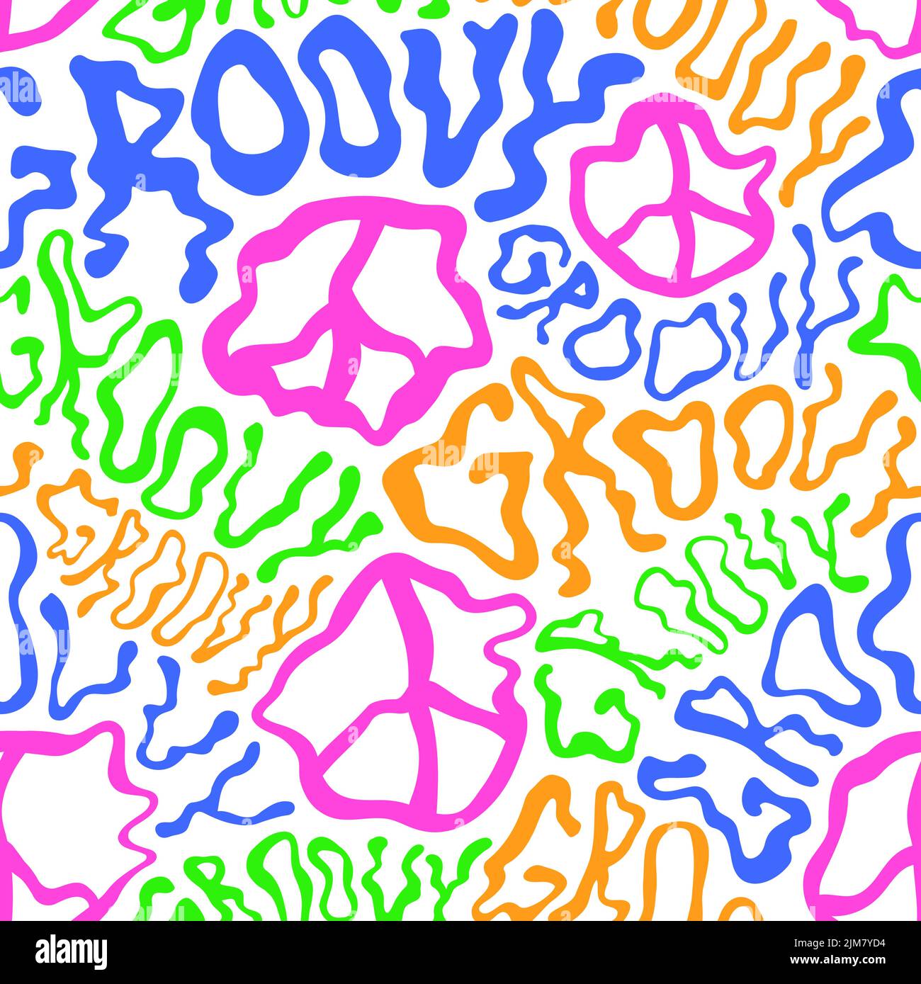 Deformed wavy groovy word and peace sign seamless pattern wallpaper.Vector graphic character illustration.Groovy,trippy lettering,lsd,acid,60s,70s,psychedelic seamless pattern wallpaper print concept Stock Vector
