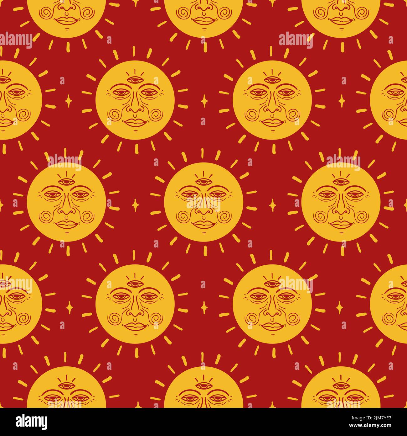 Sun with third eye seamless pattern wallpaper.Vector graphic illustration.Sun,magic solar symbol seamless pattern wallpaper print concept Stock Vector
