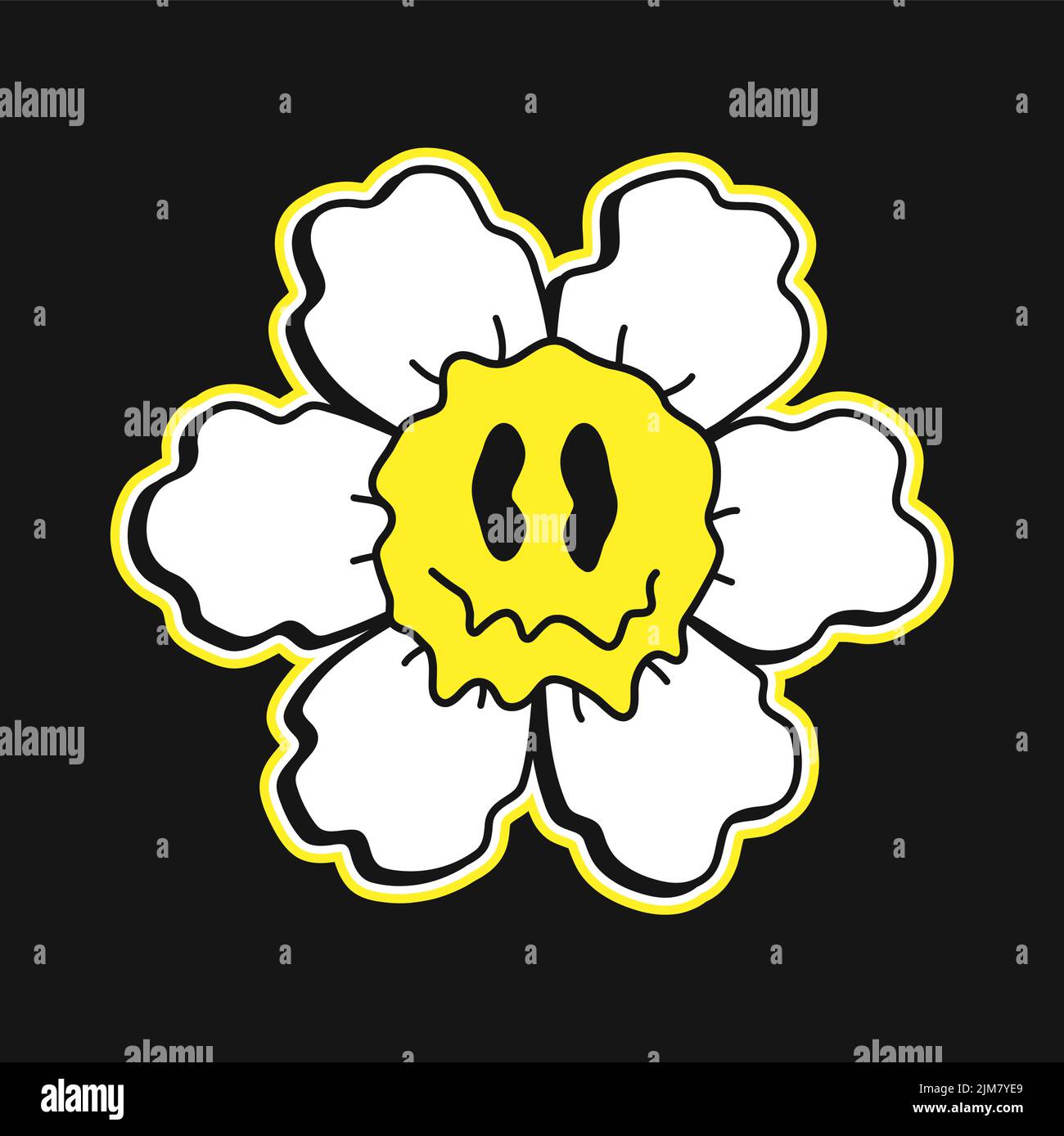 Funny melt smile flower chamomile face print for t-shirt.Vector crazy cartoon character illustration.Smile techno face,melting,acid,trippy,techno,flower t-shirt,poster,sticker,badge print concept Stock Vector