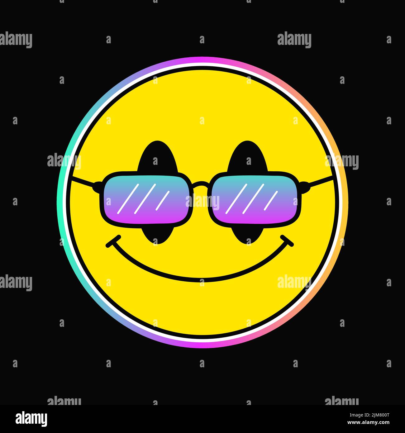 Smile face with gradient glasses t-shirt print. Vector doodle line cartoon character logo illustration. Trip,acid,psychedelic,smile face,techno symbol print on poster,t-shirt,logo,sticker concept Stock Vector