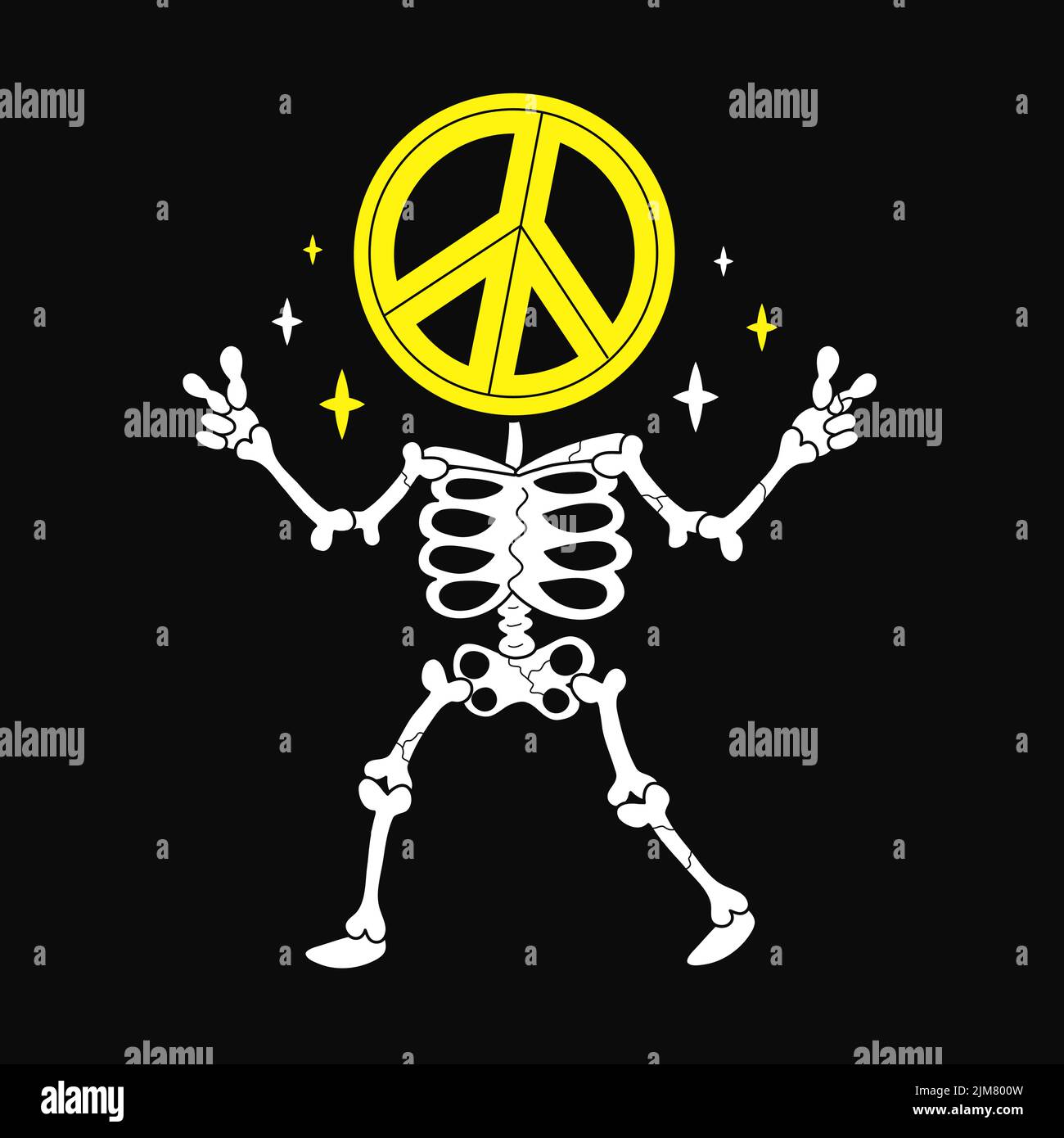 Skeleton with peace sign head t-shirt print. Vector doodle line cartoon character logo illustration. Trip,acid,psychedelic,hippie skeleton,peace symbol print on poster, t-shirt,logo concept Stock Vector