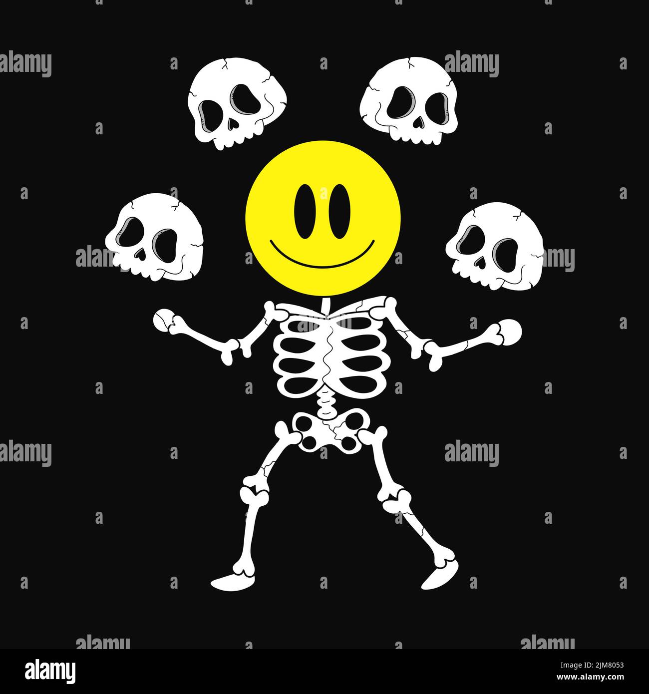 Skeleton with smile face t-shirt print. Vector doodle line cartoon character illustration. Trip,acid,psychedelic,skull,skeleton print on poster, t-shirt,logo concept Stock Vector