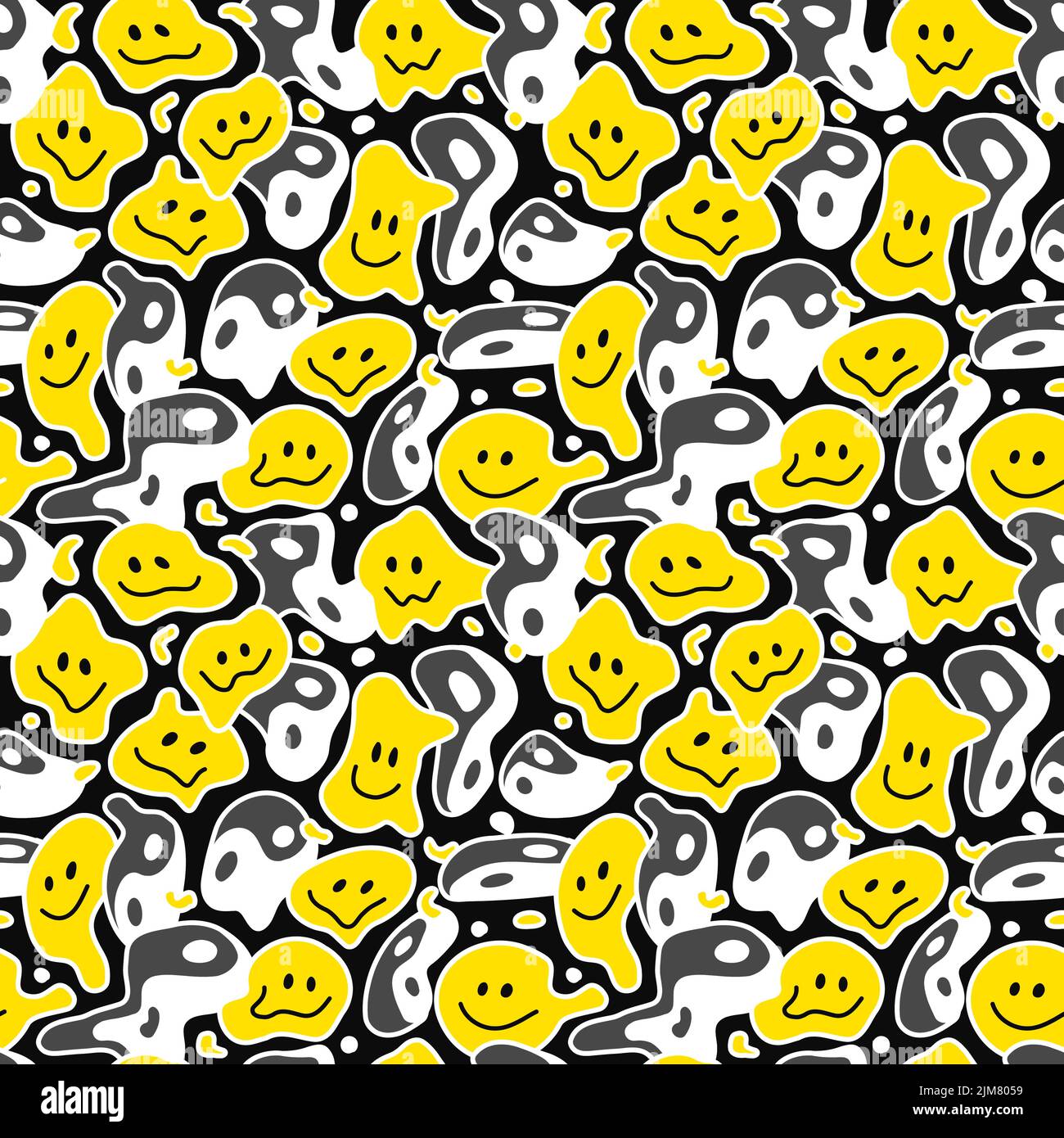 Psychedelic deformed wavy smile face and Yin Yang seamless pattern. Vector hand drawn line doodle cartoon illustration wallpaper. Trippy lsd print,Yin Yang,smile face seamless pattern concept Stock Vector