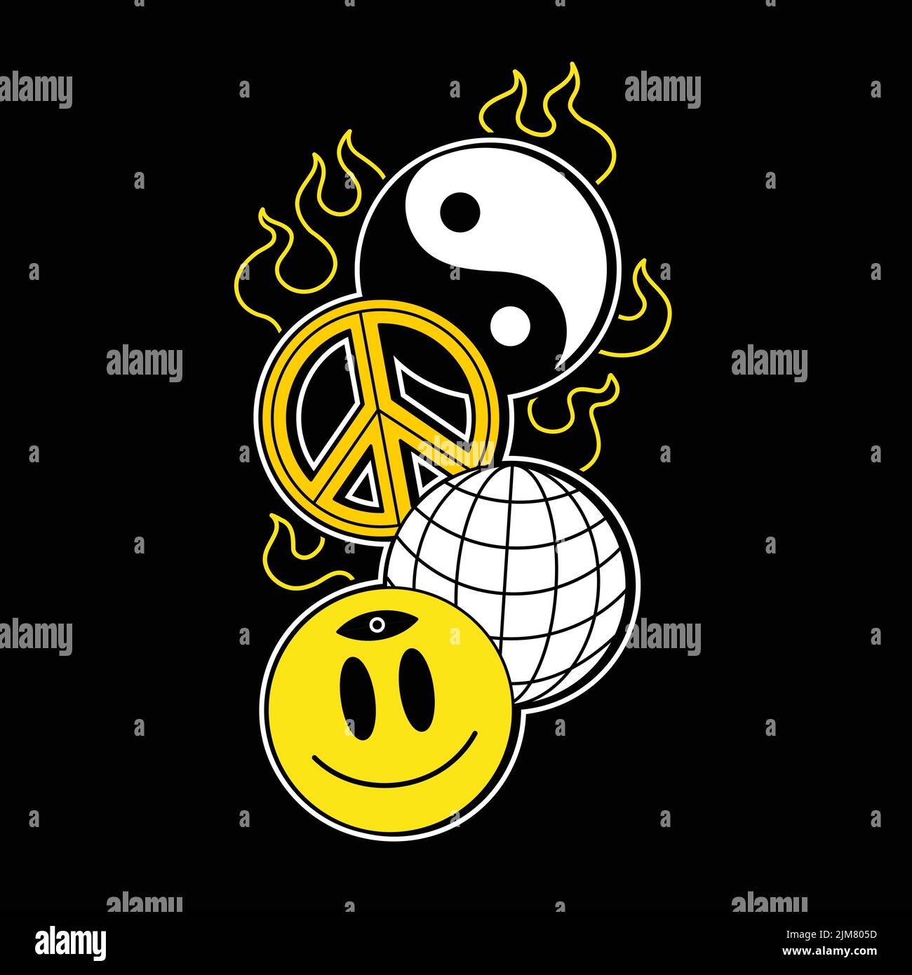 Yin Yang,sphere,smile face,peace signs burn in fire.Vector line graphic illustration logo design.Yin yang,earth sphere,smile face,hippie peace symbol,techno print for t-shirt,tee,poster concept Stock Vector