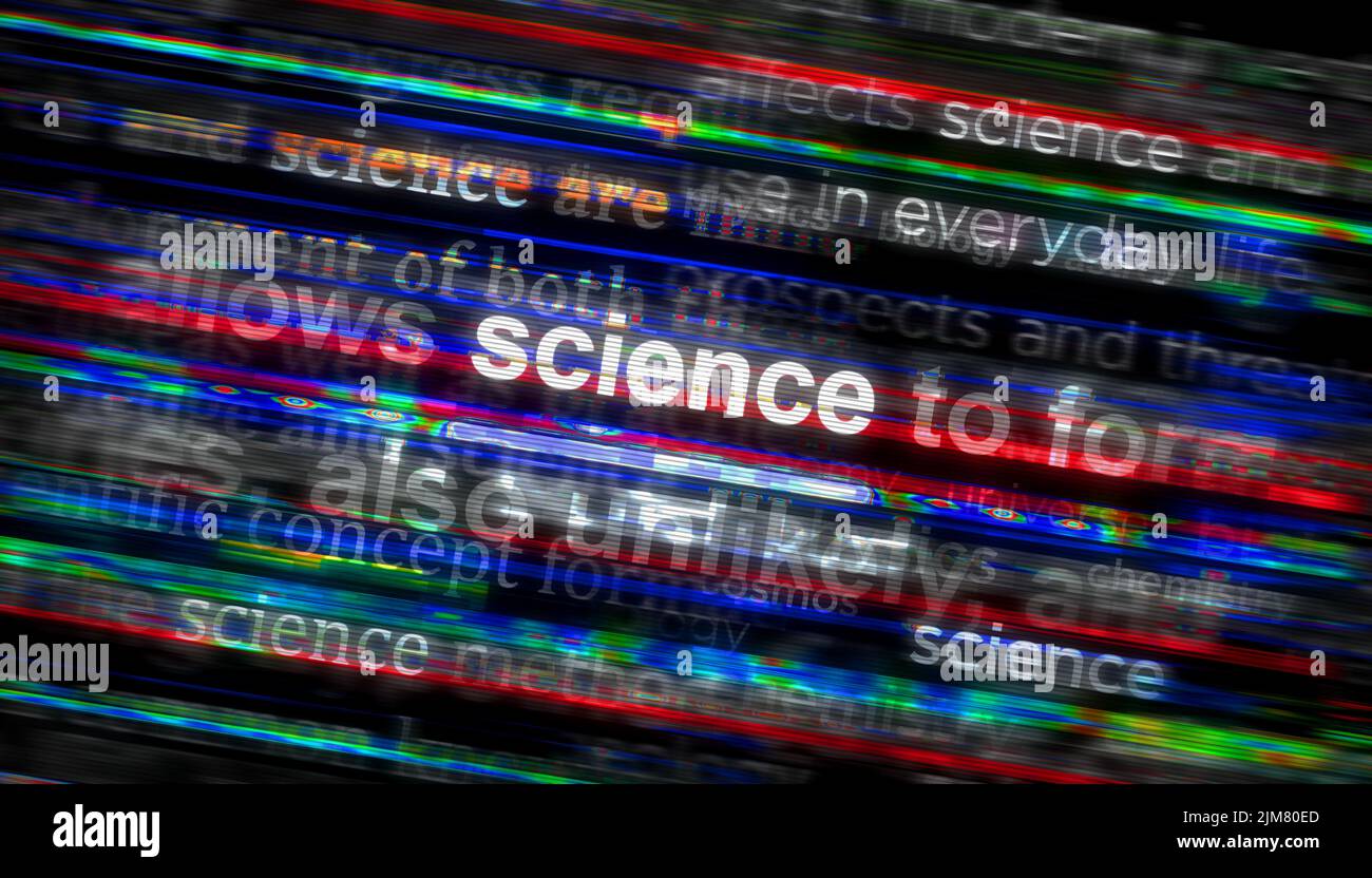 Headline news across international media with Science, education and innovation. Abstract concept of news titles on noise displays. TV glitch effect 3 Stock Photo