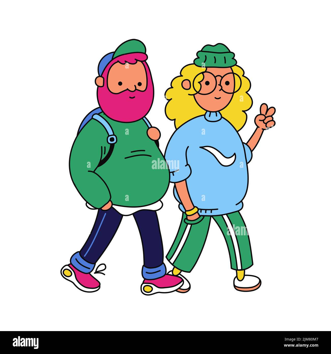 Funny hipster couple walking. Vector trendy doodle cartoon style character illustration icon. Trendy fashion man and woman hipster couple. Isolated on white background Stock Vector