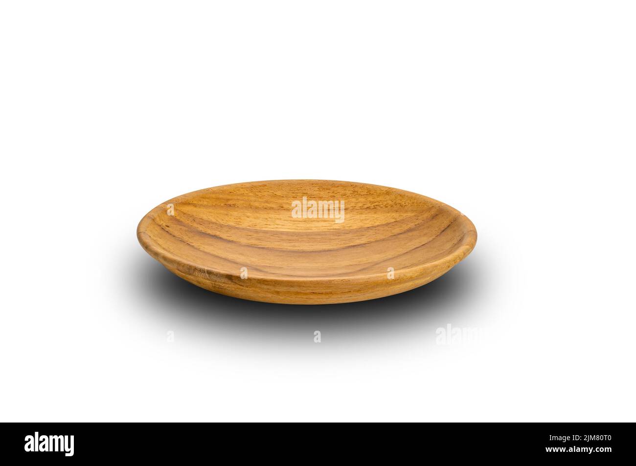 Empty round wooden plate bowl cup isolated on white background with clipping path. Stock Photo