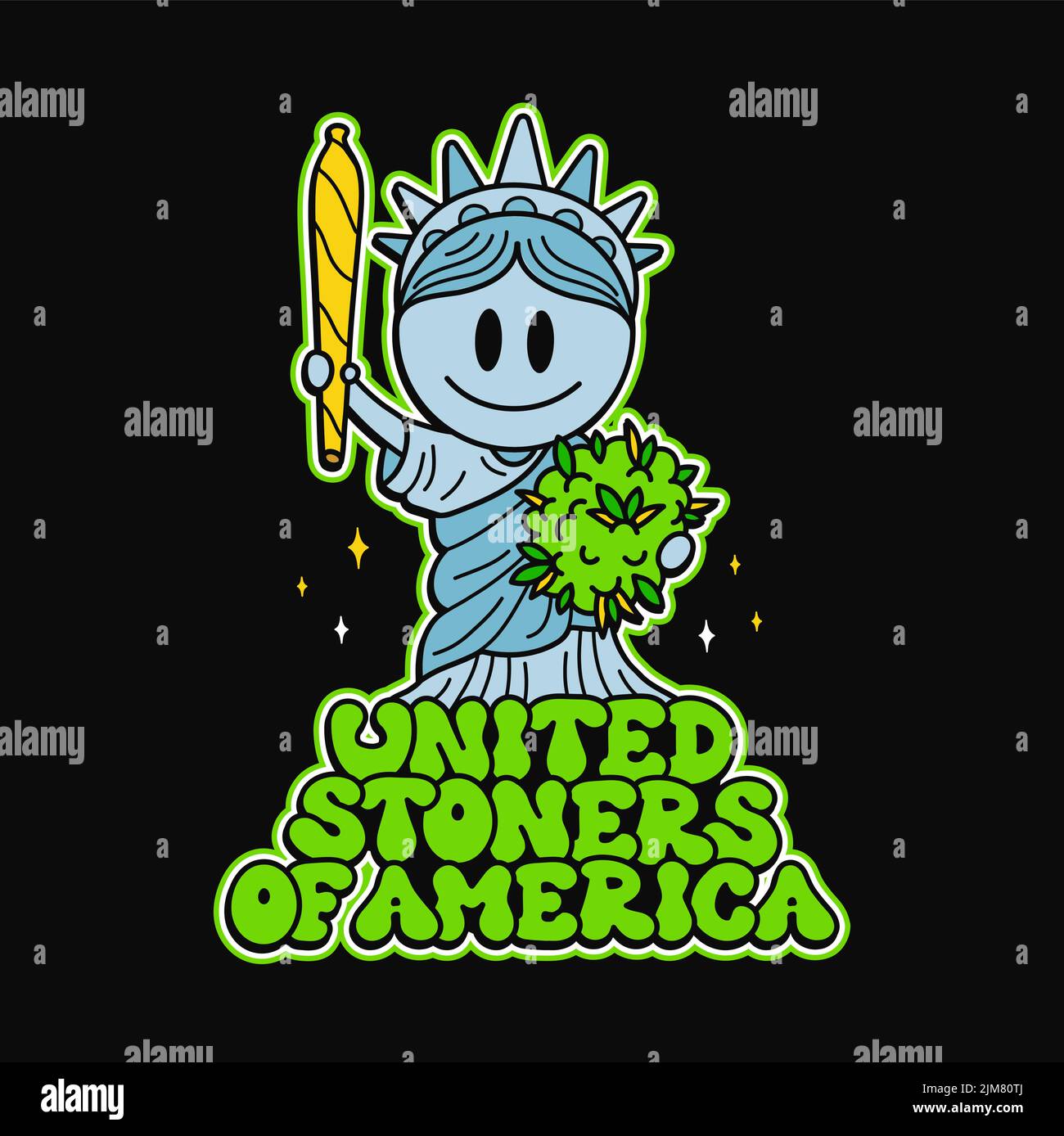 Cute New York Statue of Liberty with joint and weed bud print for t-shirt.Vector cartoon character illustration. Statue of Liberty,New York,weed,cannabis print for t-shirt, poster,sticker concept Stock Vector