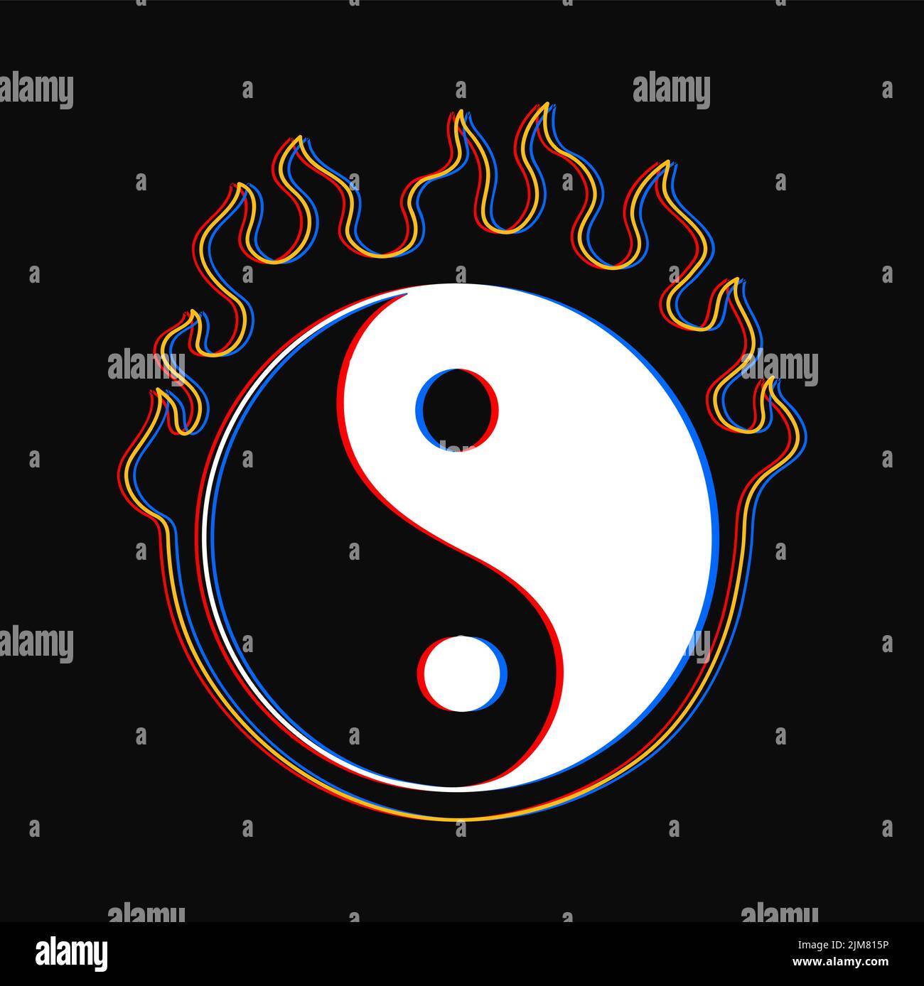 Yin Yang sign burn in fire t-shirt print. Vector hand drawn line style cartoon character logo illustration. Yin Yang sign,burn,fire print for poster,logo,tee concept Stock Vector