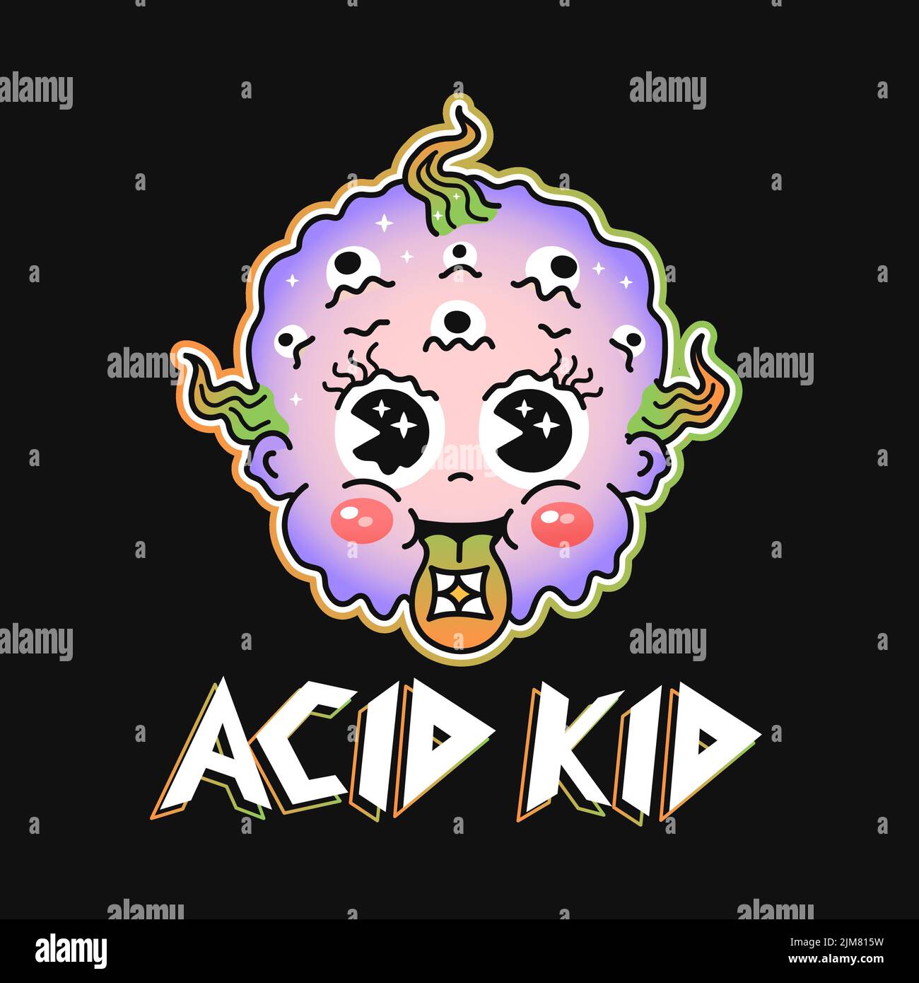 Funny acid kid print for t shirt. Vector line doodle traditional retro cartoon illustration. Acid kid quote. Funny vintage trippy,psychedelic character cartoon print poster,t-shirt,sticker concept Stock Vector