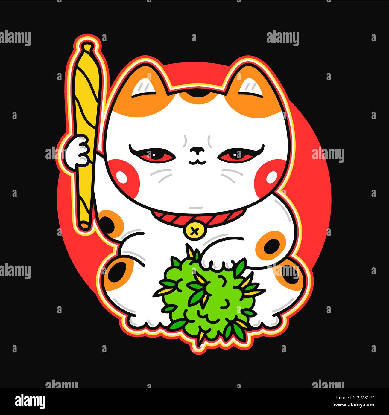 Cute funny kawaii asian Maneki-neko cat with joint and weed bud. Vector cartoon kawaii character illustration logo design. Cat, weed, marijuana,smoke cannabis,bong print for t-shirt,tee,logo concept Stock Vector
