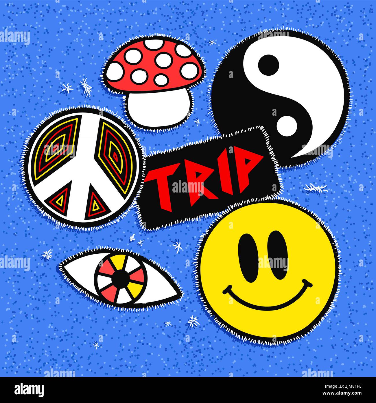 Hippie style patch on jeans.Vector cartoon illustration.Smile face,peace sign,acid,60s,70s,90s,trippy amanita mushroom,Yin Yang,hippie print art Stock Vector