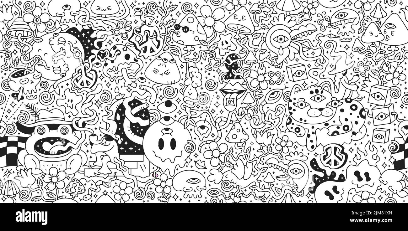 Psychedelic trippy seamless pattern,page for coloring book.Mushroom,magic wizard smoking.Vector cartoon character illustration.Trippy 60s,70s,magic mushroom seamless pattern art concept Stock Vector