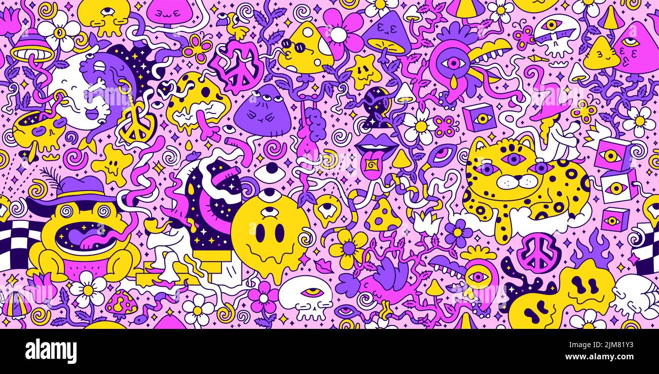 Psychedelic trippy seamless pattern art.Mushroom,magic wizard smoking,melt smile face.Vector cartoon hippie illustration doodle.Trippy 60s,70s,magic mushroom,acid,cannabis seamless pattern art concept Stock Vector