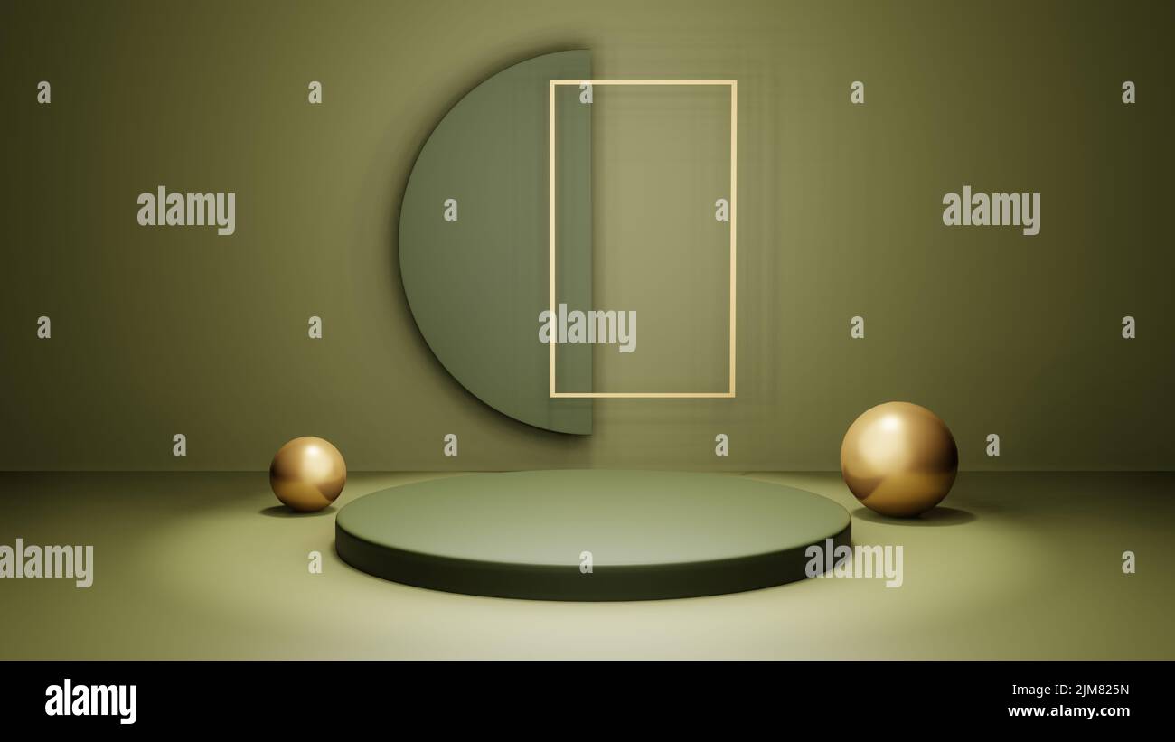 Abstract empty podium with shadows on green background. Mock up stand ...