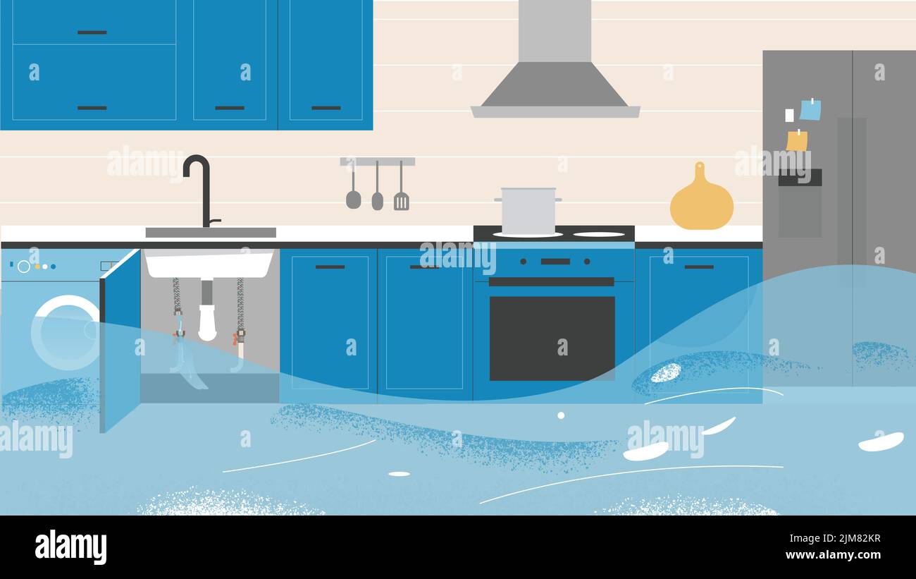 Water breakthrough and flood in the kitchen Stock Vector