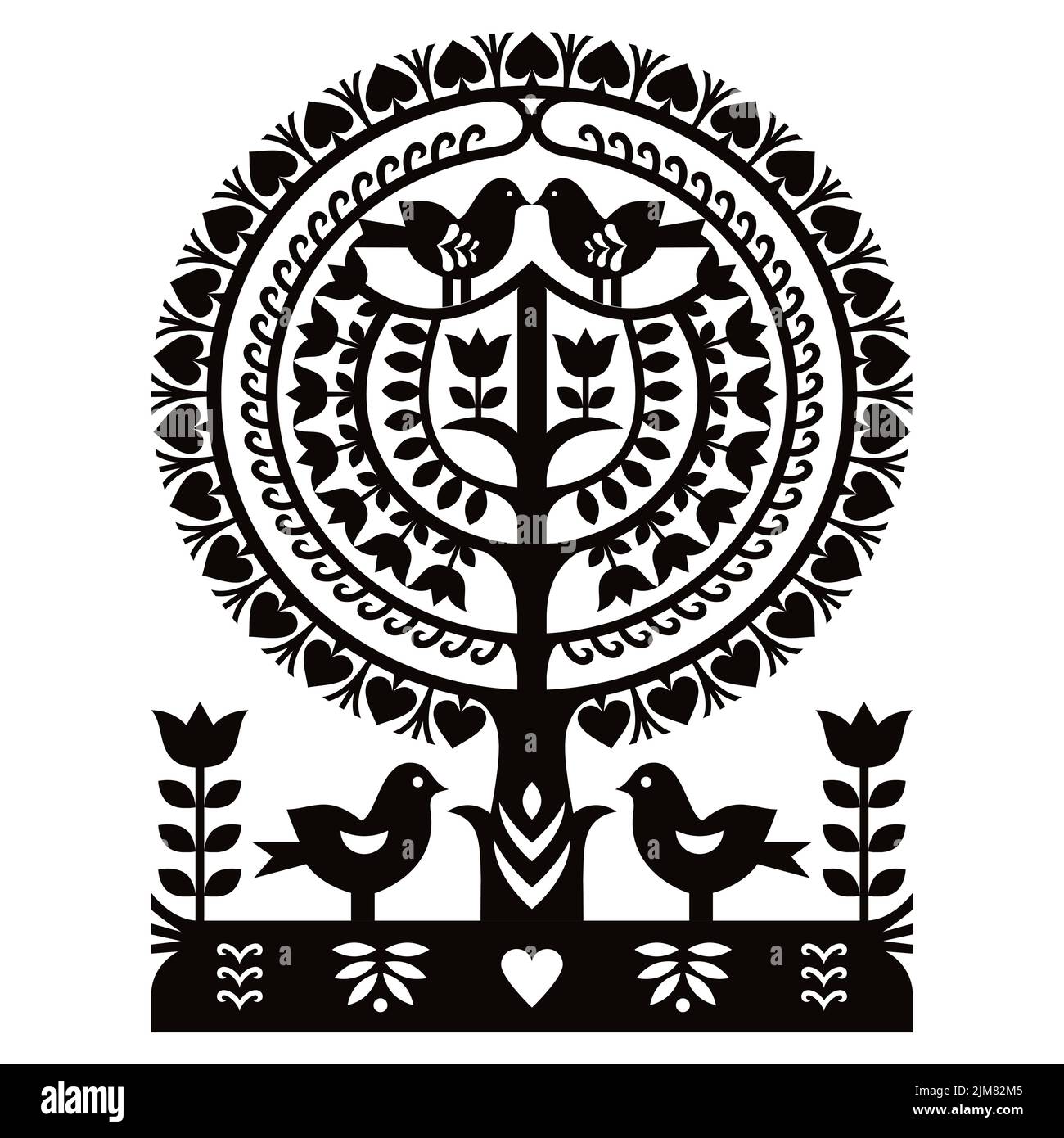 Polish folk art vector pattern Wycinanki Kurpiowskie - Kurpie Papercuts with birds, tree and flowers in black on white background Stock Vector