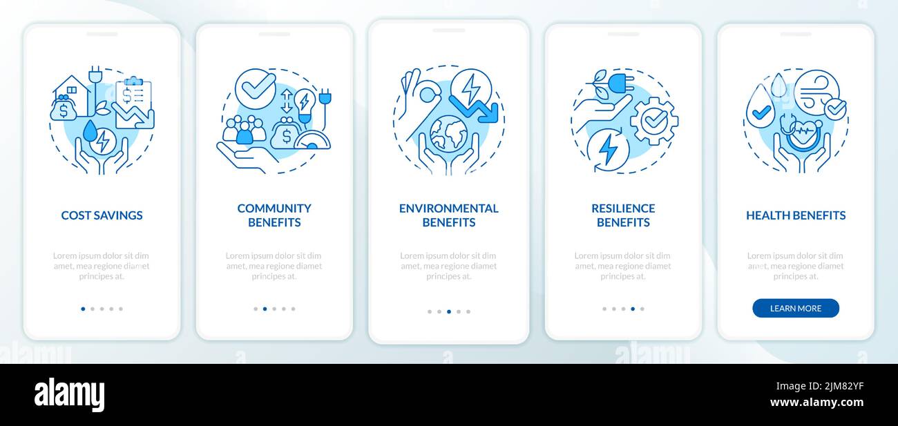 Energy efficiency benefits blue onboarding mobile app screen Stock Vector