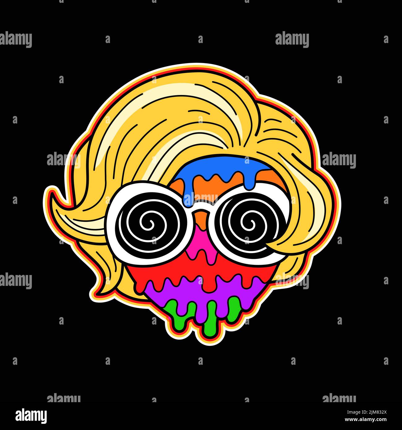 Retro woman lady with melt rainbow face print for t-shirt.Vector hand drawn doodle 60s.70s style cartoon character illustration.Trippy lady,girl,acid,groovy,psychedelic concept Stock Vector