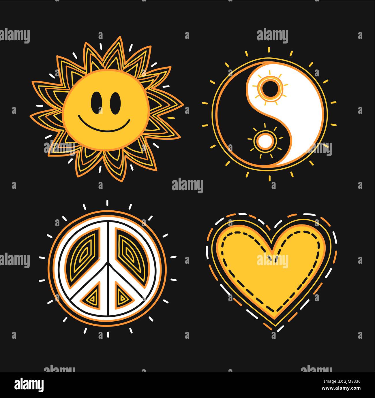 Yin Yang,peace hippie sign,sun with smile face.Vector hand drawn cartoon character illustration.Yin Yang,smile face sun,heart,love hippie peace symbol,boho,60s,70s set collection print Stock Vector