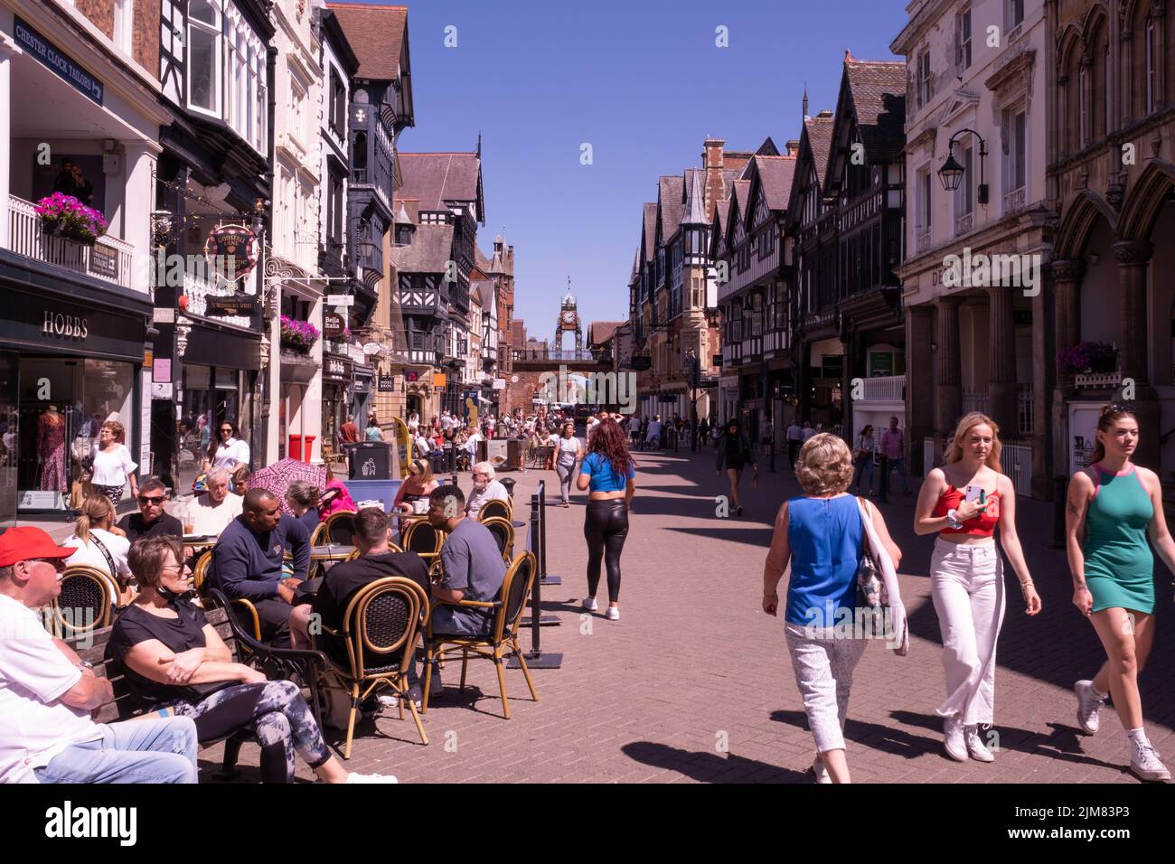 A bustling busy town centre in the Roman town of Chester, Cheshire Stock Photo