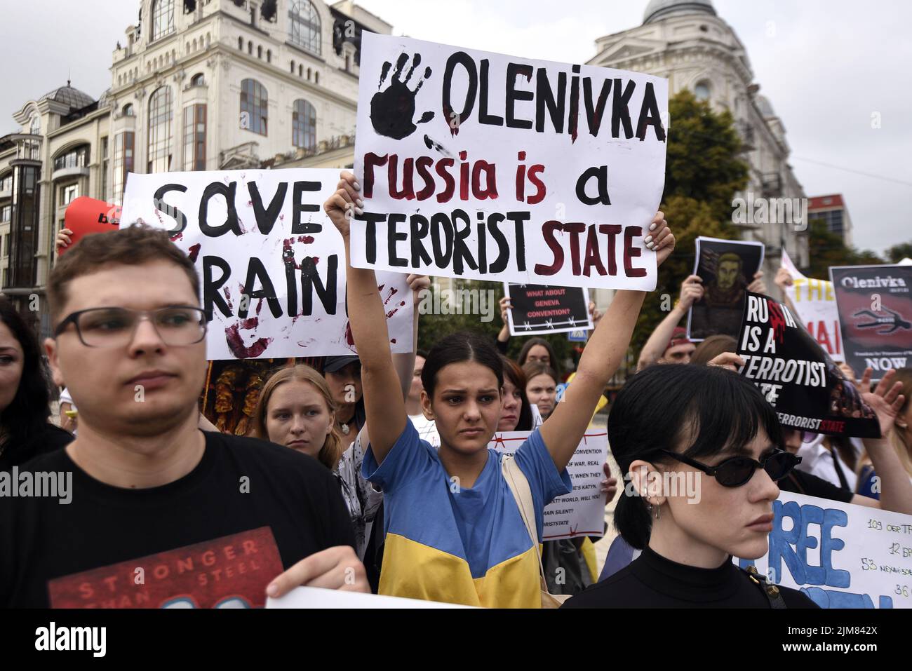 KYIV, UKRAINE - AUGUST 4, 2022 - The Olenivka is the New Auschwitz ...