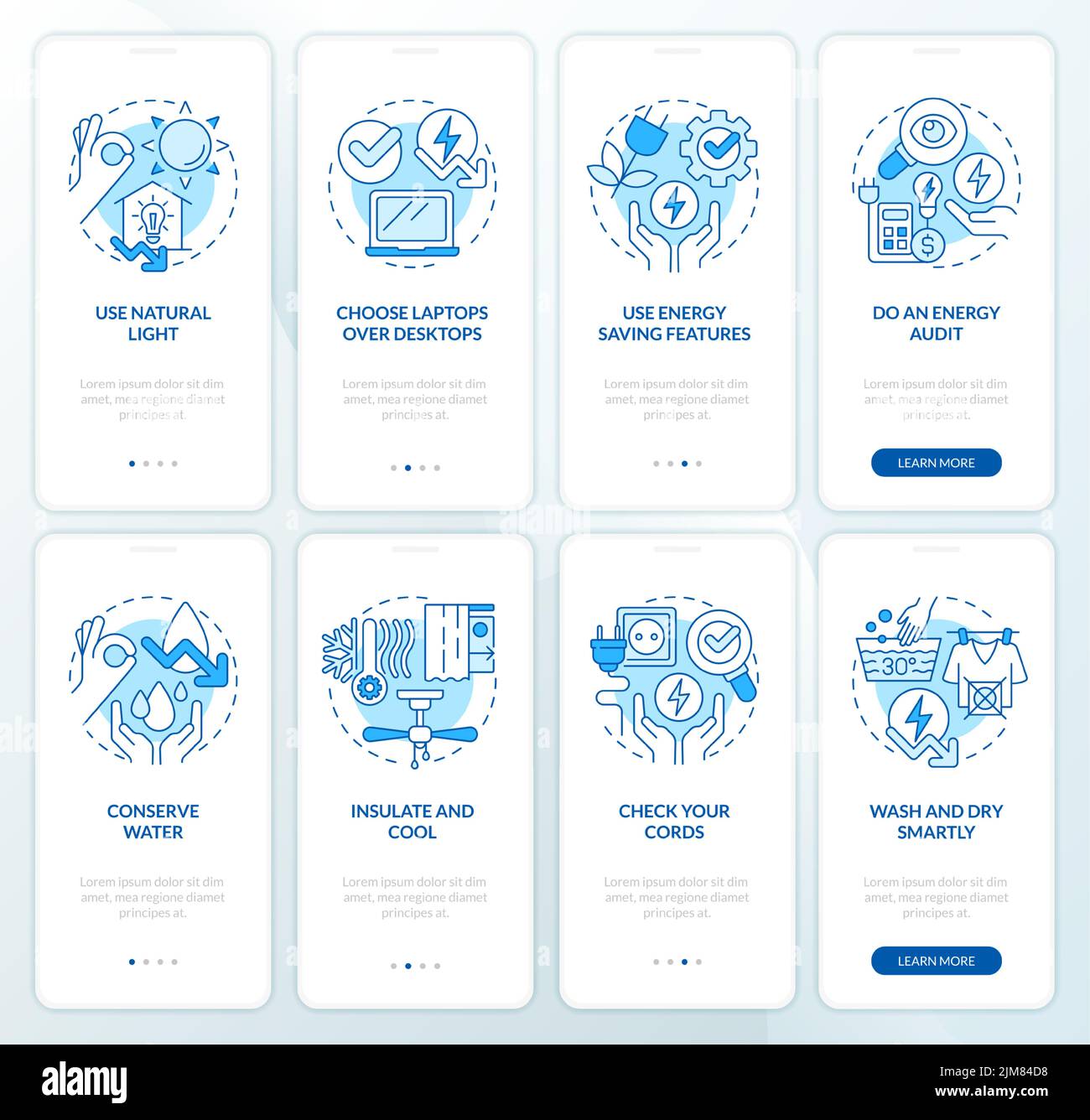 Energy efficiency blue onboarding mobile app screen set Stock Vector