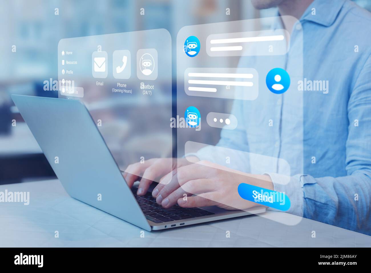 Chatbot conversation. Person using online customer service with chat bot to get support. Artificial intelligence and CRM software automation technolog Stock Photo