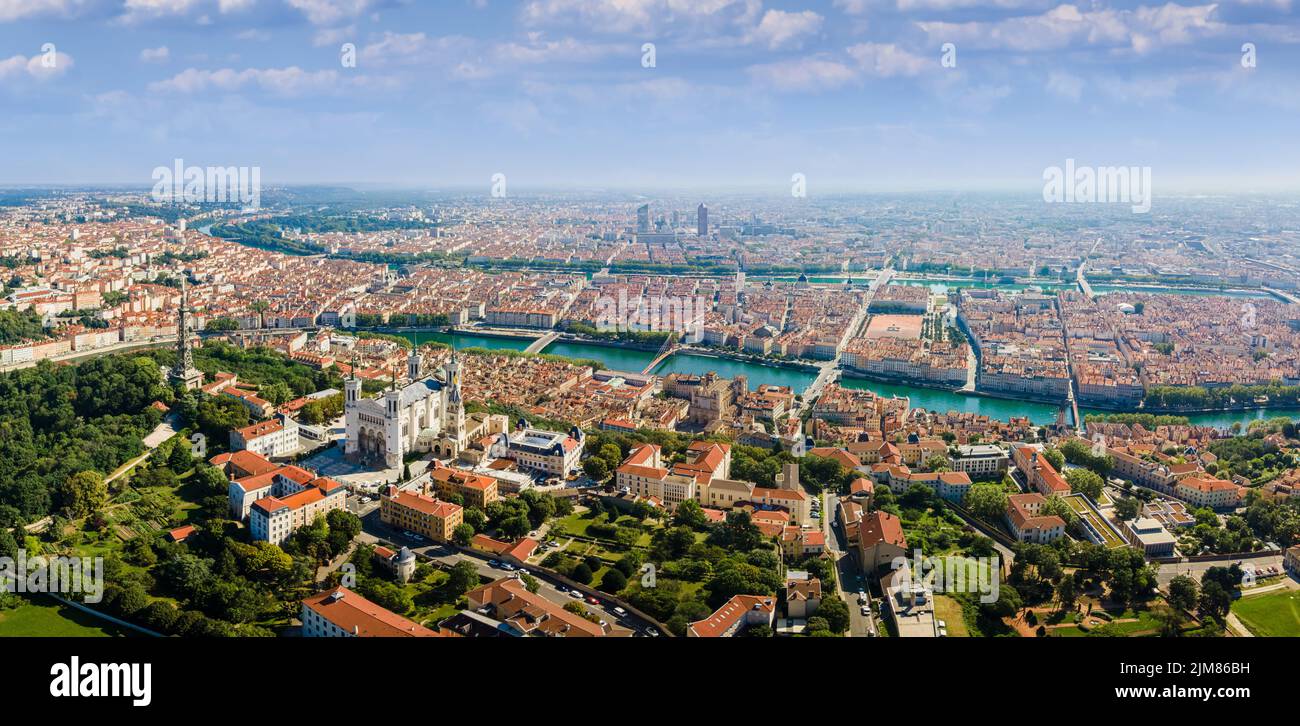 Lyon panorama with Fourviere basilica, Part-Dieu city center Rhone and Saone rivers, France. Aerial view of famous touristic landmarks, French city of Stock Photo