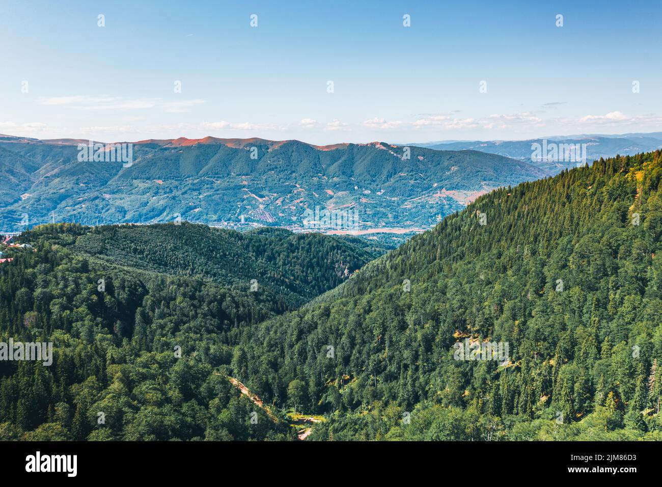Aerial landscape view of high peaks with dark pine forest trees in wild mountains.Beautiful views from the hiking trail in the Carpathian mountains. Stock Photo