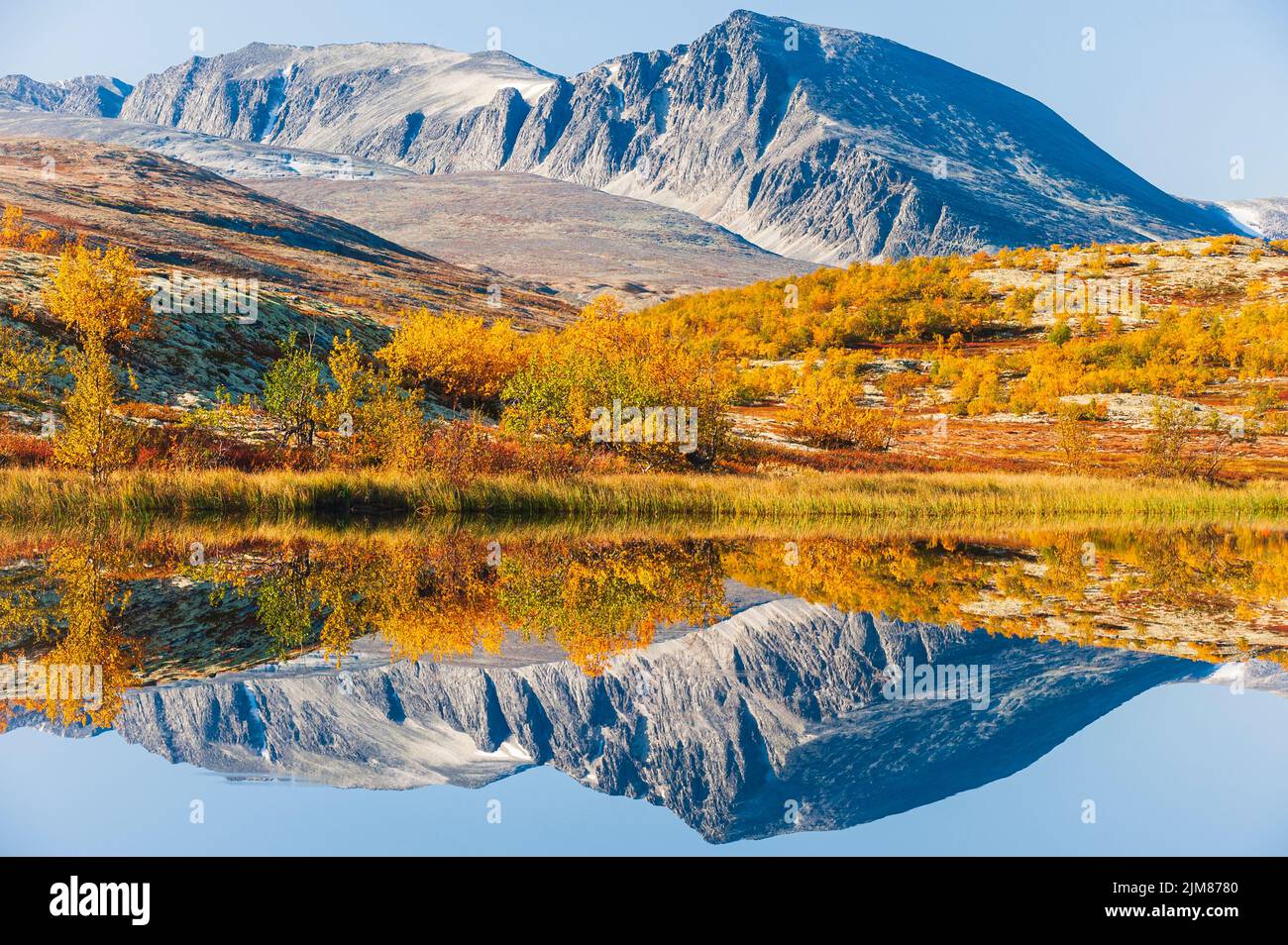 Reflection of mountains and trees in autumn landscape, Norway. Stock Photo