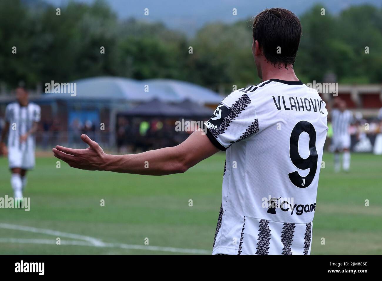 Dusan Vlahovic of Juventus Fc gestures during the friendly match beetween Juventus and Juventus U23 at Stadio Comunale on August 4, 2022 in Villar Perosa, Italy . Stock Photo