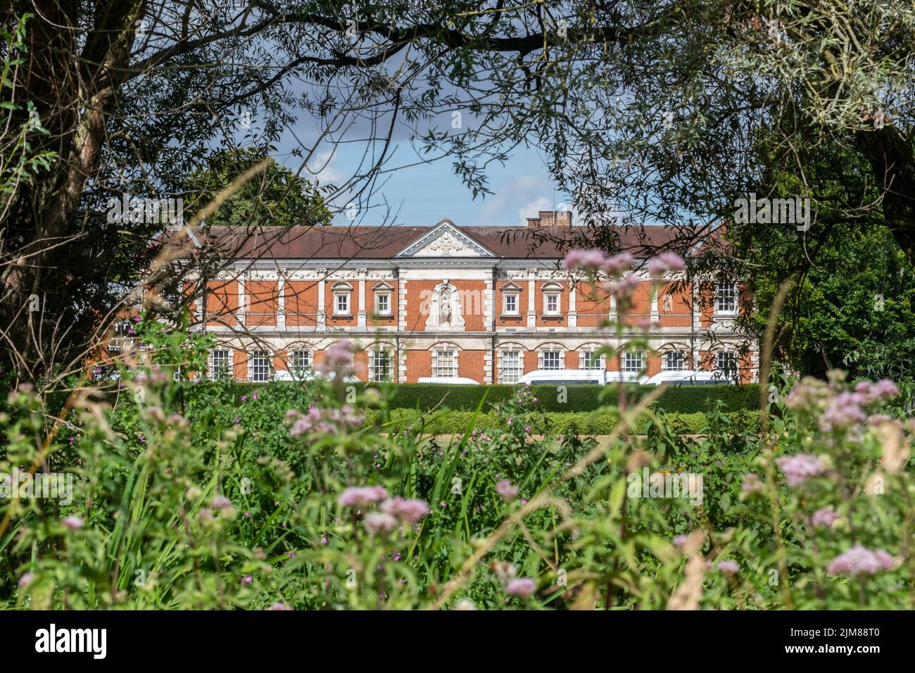 Winchester College, view of the Science School building from Keats Walk footpath by the river Itchen, Winchester, Hampshire, England, UK Stock Photo