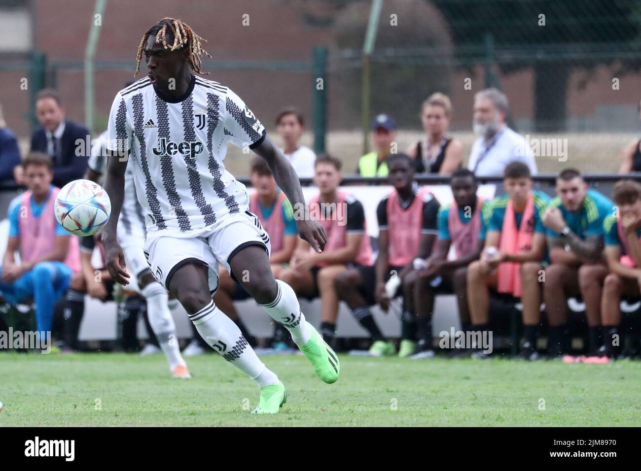 Moise Kean of Juventus Fc  in action during the Friendly Match between Juventus and Juventus U23 at Stadio Comunale on August 4, 2022 in Villar Perosa, Italy . Stock Photo