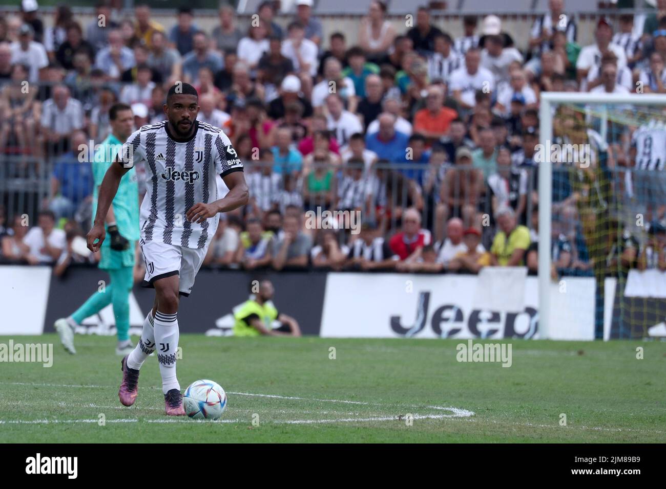 Gleison Bremer of Juventus Fc  in action during the Friendly Match between Juventus and Juventus U23 at Stadio Comunale on August 4, 2022 in Villar Perosa, Italy . Stock Photo