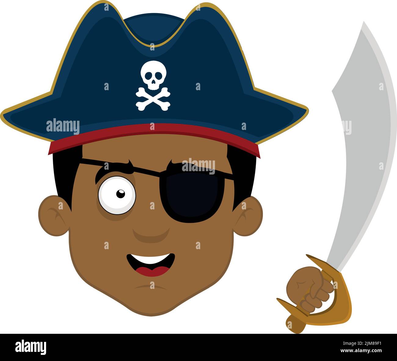 Vector illustration of a cartoon pirate face with a hat, eye patch and a sword Stock Vector