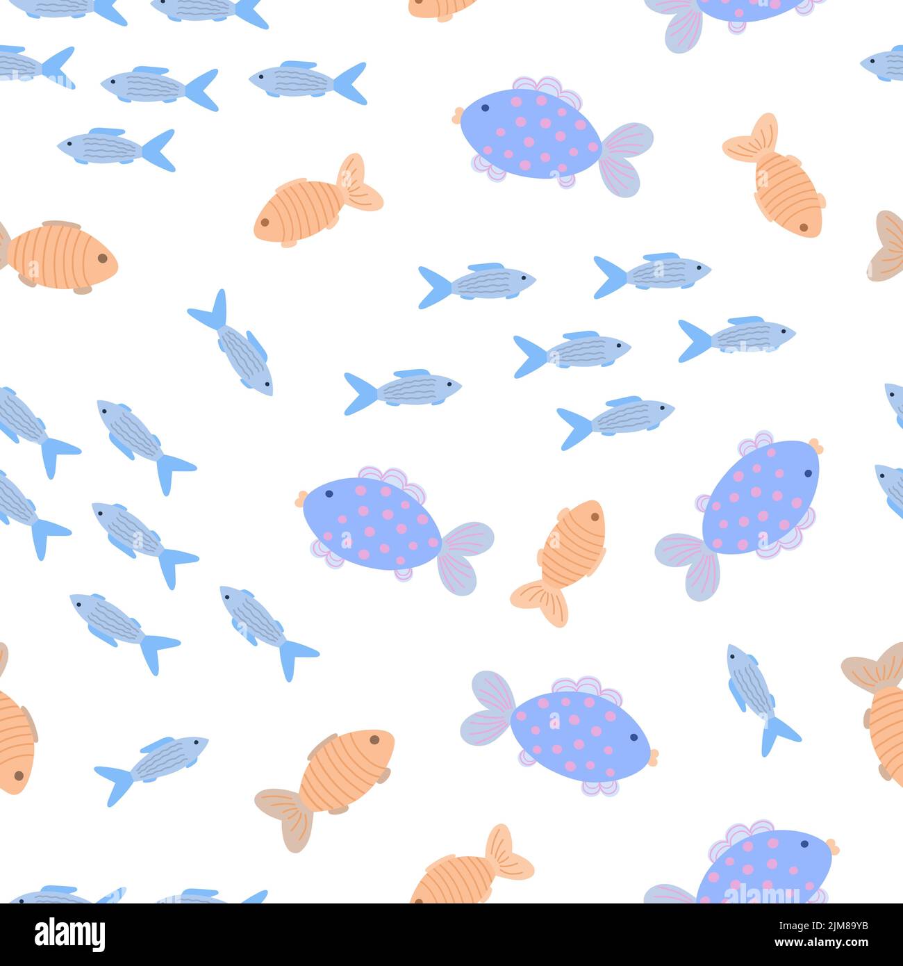 Cute fish sea or river creatures seamless pattern simple flat style doodle vector illustration, underwater cartoon marine life repeat ornament for textile, nursery room decor, home design Stock Vector