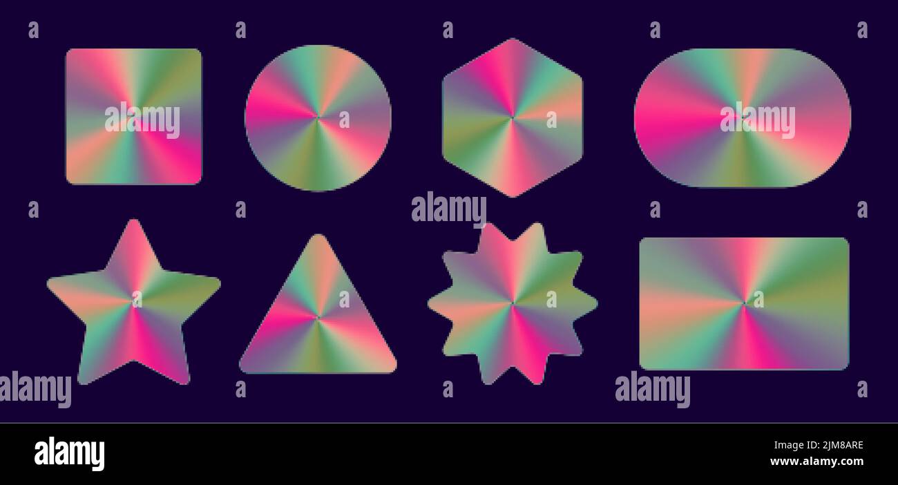 Retro holographic stickers set, vintage hologram labels. Metallic conical gradient emblems Stock