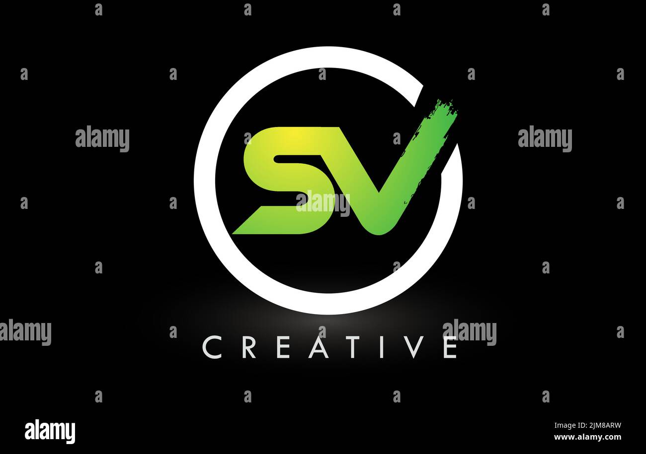SV Brush Letter Logo Design with Green White Circle. Creative Brushed Letters Icon Logo Stock