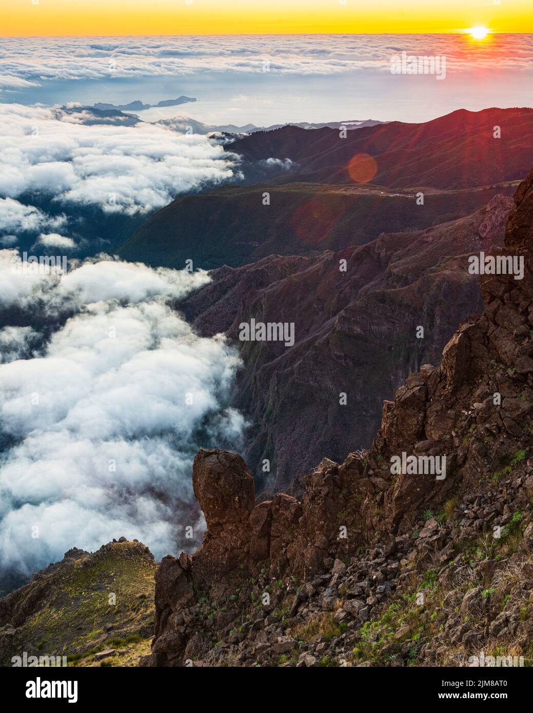 Mountain scenery at sunrise, Madeira Stock Photo