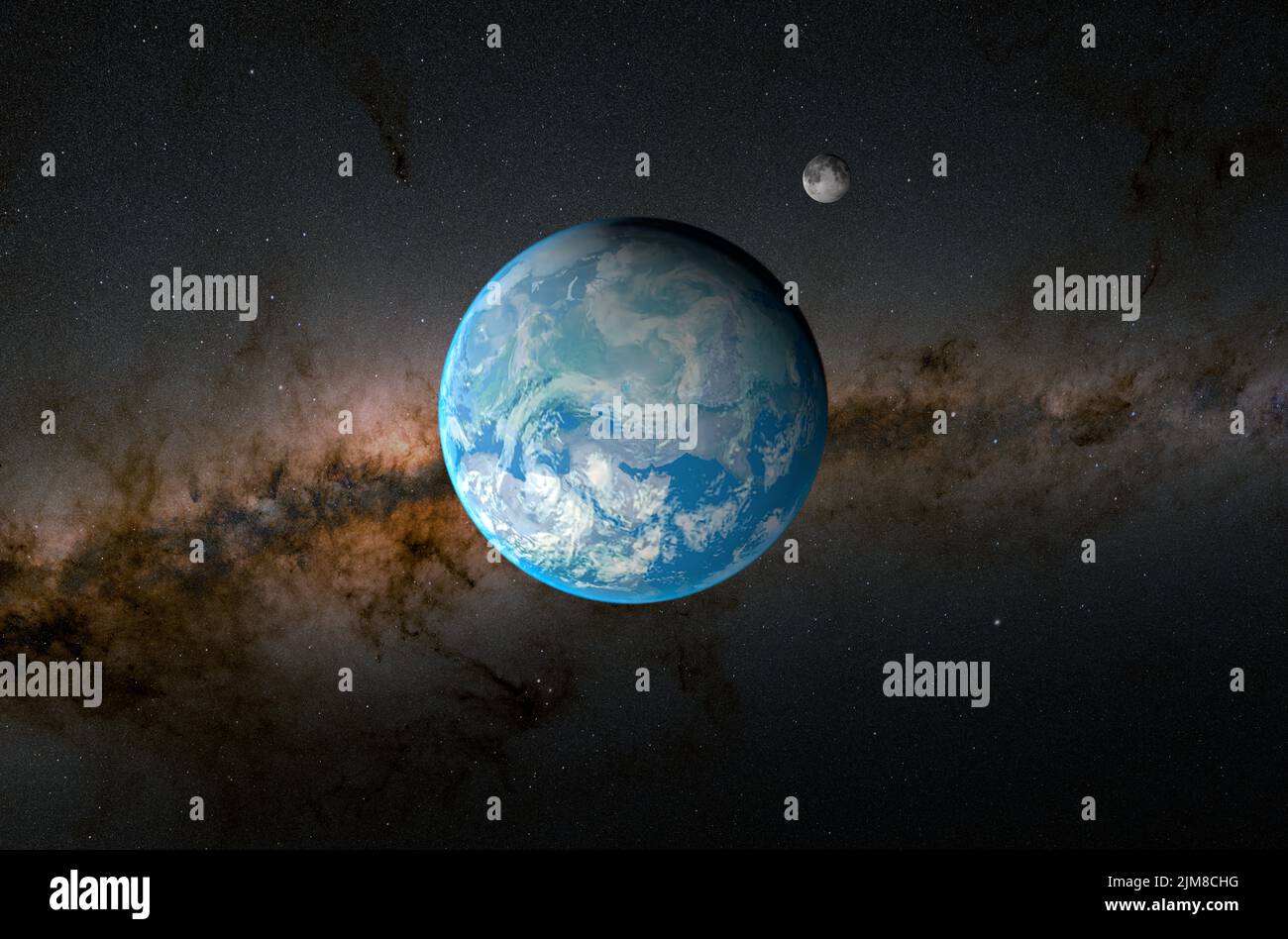 Earth planet with moon in the solar system - 3d illustration, closeup view Stock Photo