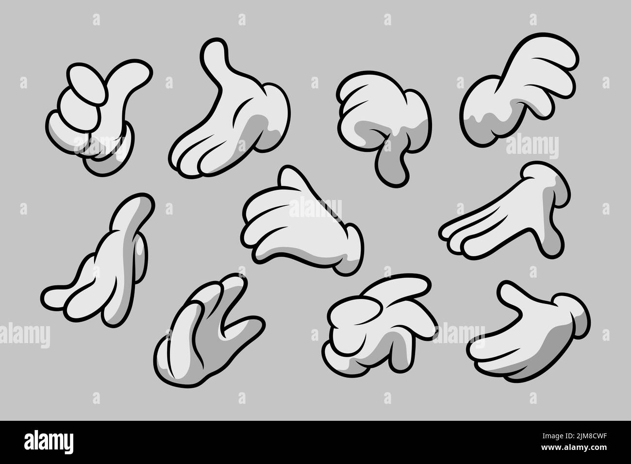 Retro Cartoon Gloved Hands Gestures. Cartoon Hands with Gloves Icon Set Isolated. Vector Clipart - Parts of Body, Arms in White Gloves. Hand Gesture Stock Vector