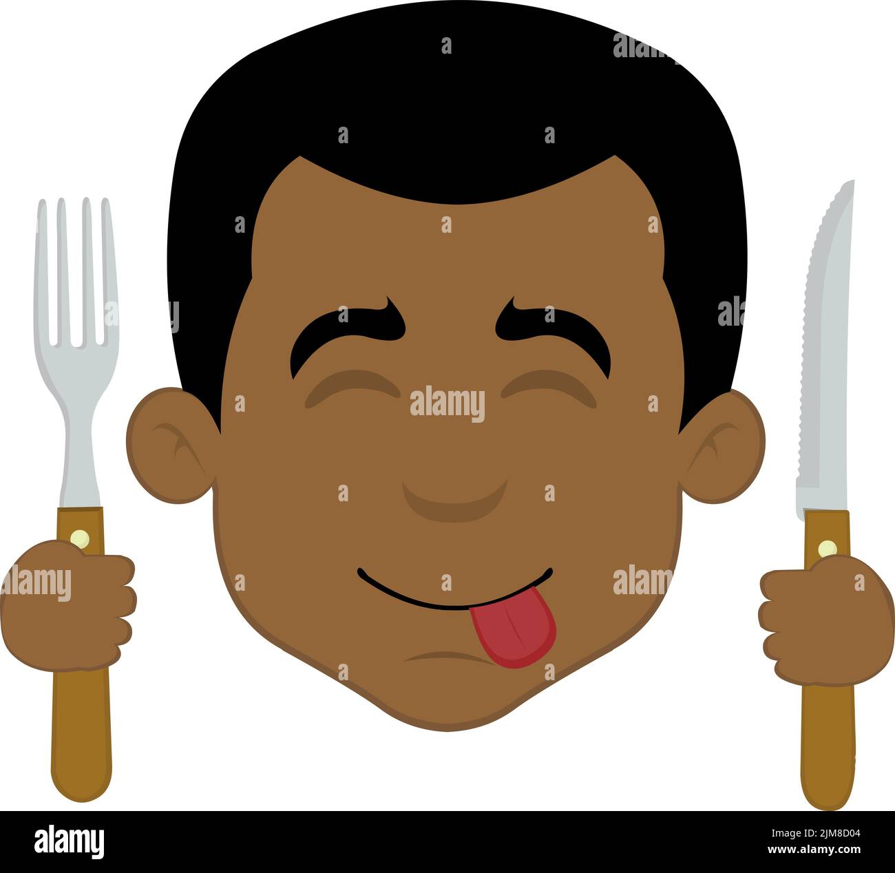 Vector illustration of a cartoon man's face with a yummy expression, with a knife and fork in his hands Stock Vector